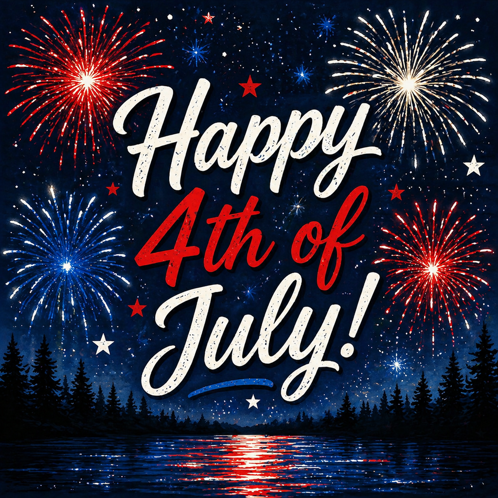 Happy 4th of July text with fireworks over a night sky and water reflection.