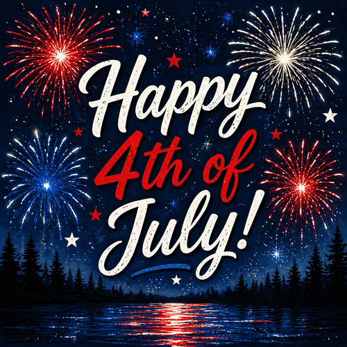Happy 4th of July text with fireworks over a night sky and water reflection.