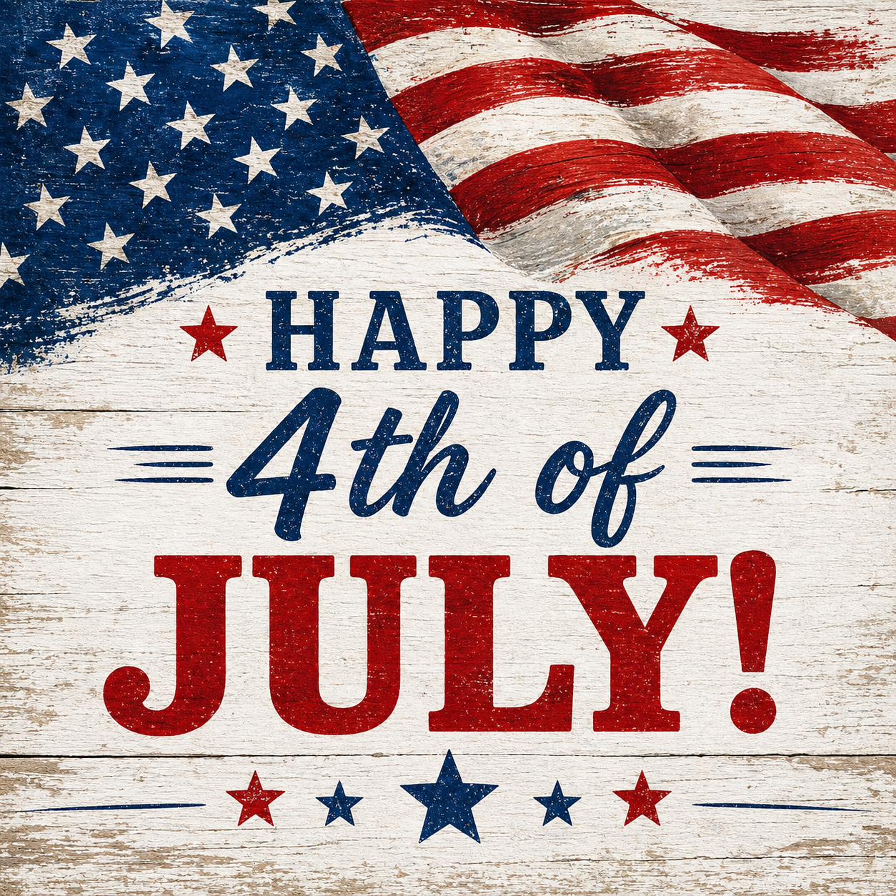 Happy 4th of July text with American flag on wooden background