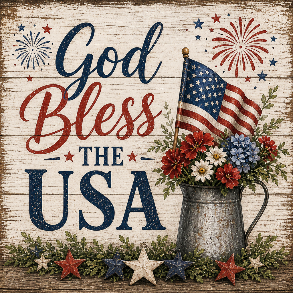 Decorative sign with 'God Bless The USA' text, American flag, flowers, and fireworks on a wooden background.
