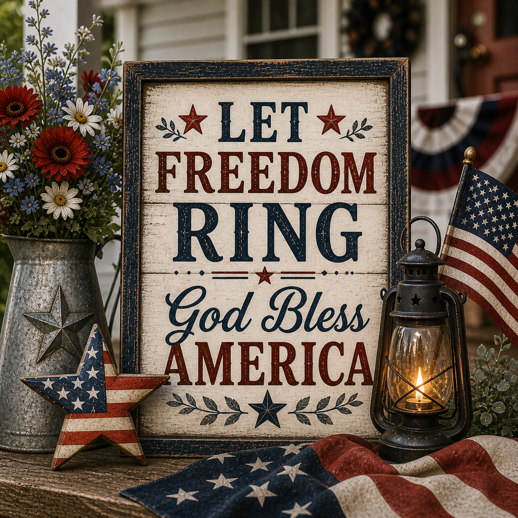 Decorative sign with 'Let Freedom Ring, God Bless America' text, surrounded by patriotic items.