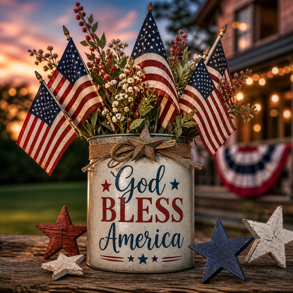 Decorative arrangement with American flags and 'God Bless America' sign on a wooden surface.