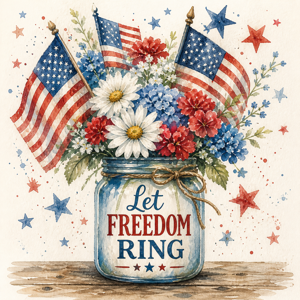 Decorative image with flowers in a jar, American flags, and 'Let Freedom Ring' text on a starry background.