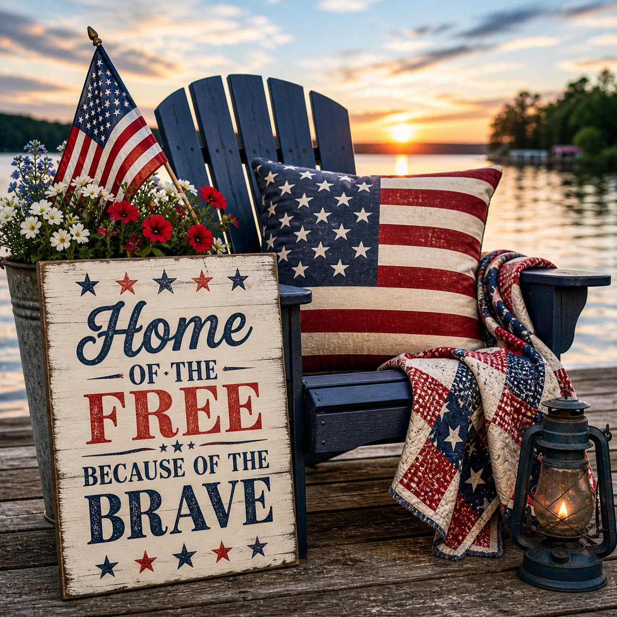Chair with American flag decor, flowers, and 'Home of the Free Because of the Brave' sign by a sunset lake.