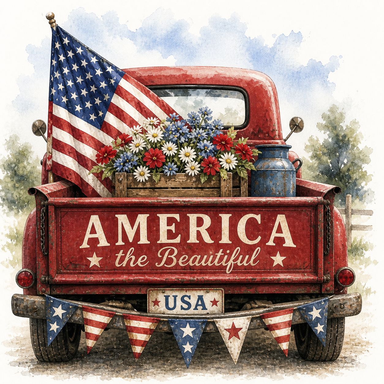 Red truck with American flag and 'America the Beautiful' text, set against a scenic background.