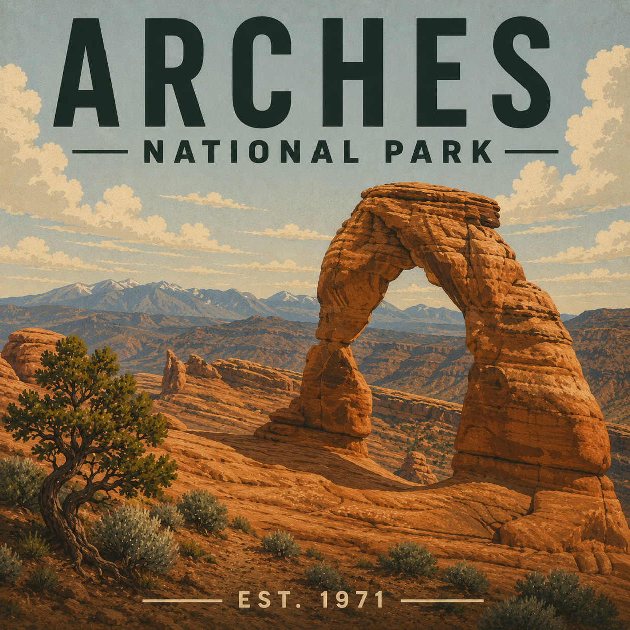 Vintage-style magnet design of Arches National Park with a large sandstone arch and mountain range in the background.
