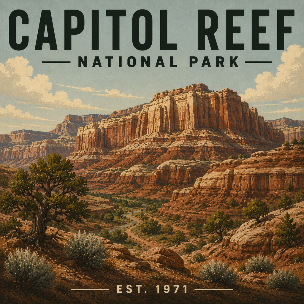 Vintage-style magnet design of Capitol Reef National Park with prominent cliffs and a tree.