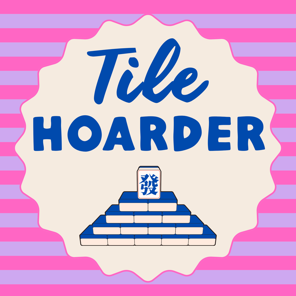 A square graphic with the words 'Tile HOARDER' in blue lettering inside a cream scalloped badge, with a stylized blue-and-white mahjong pyramid and tile icon below. The background is pink and lavender horizontal stripes.