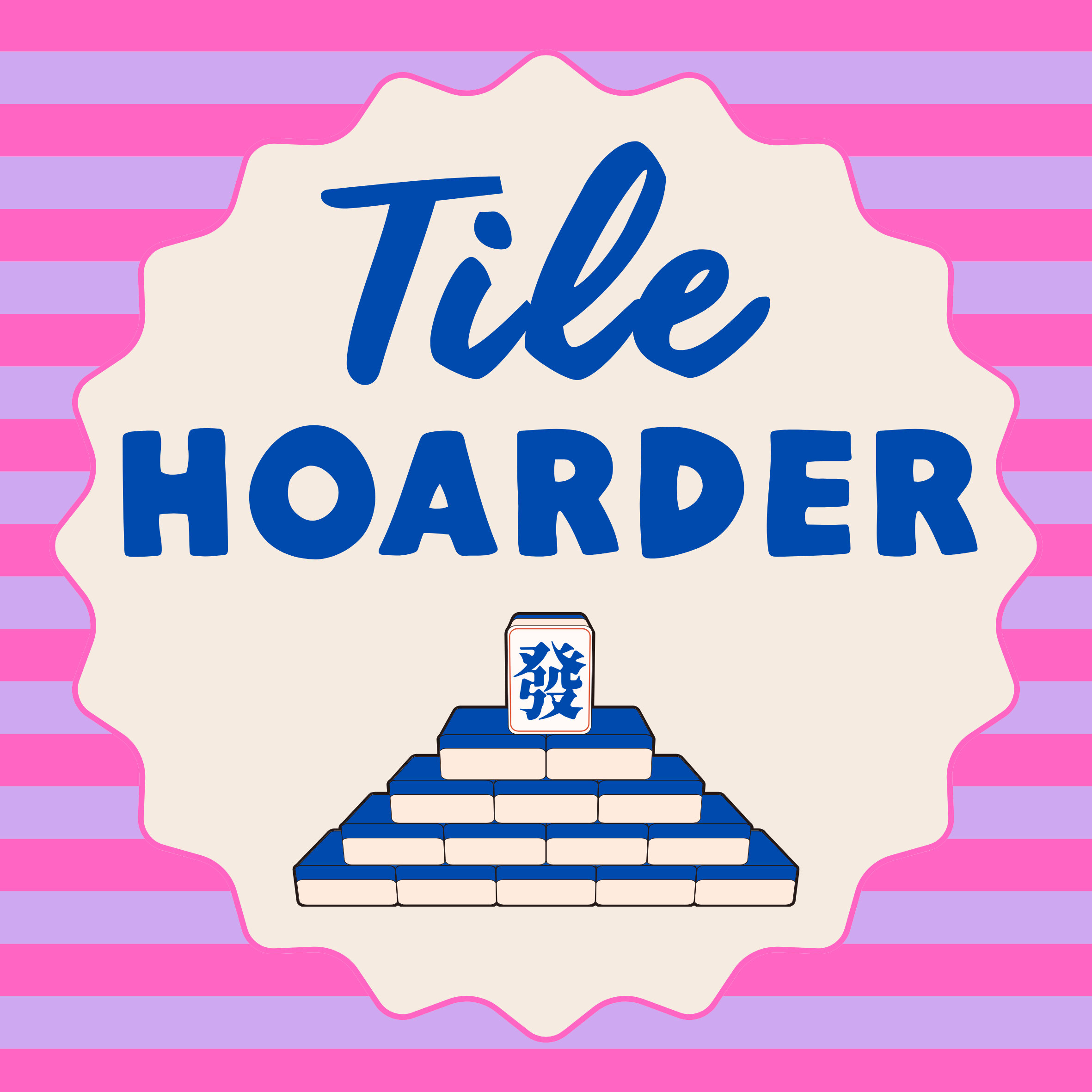A square graphic with the words 'Tile HOARDER' in blue lettering inside a cream scalloped badge, with a stylized blue-and-white mahjong pyramid and tile icon below. The background is pink and lavender horizontal stripes.