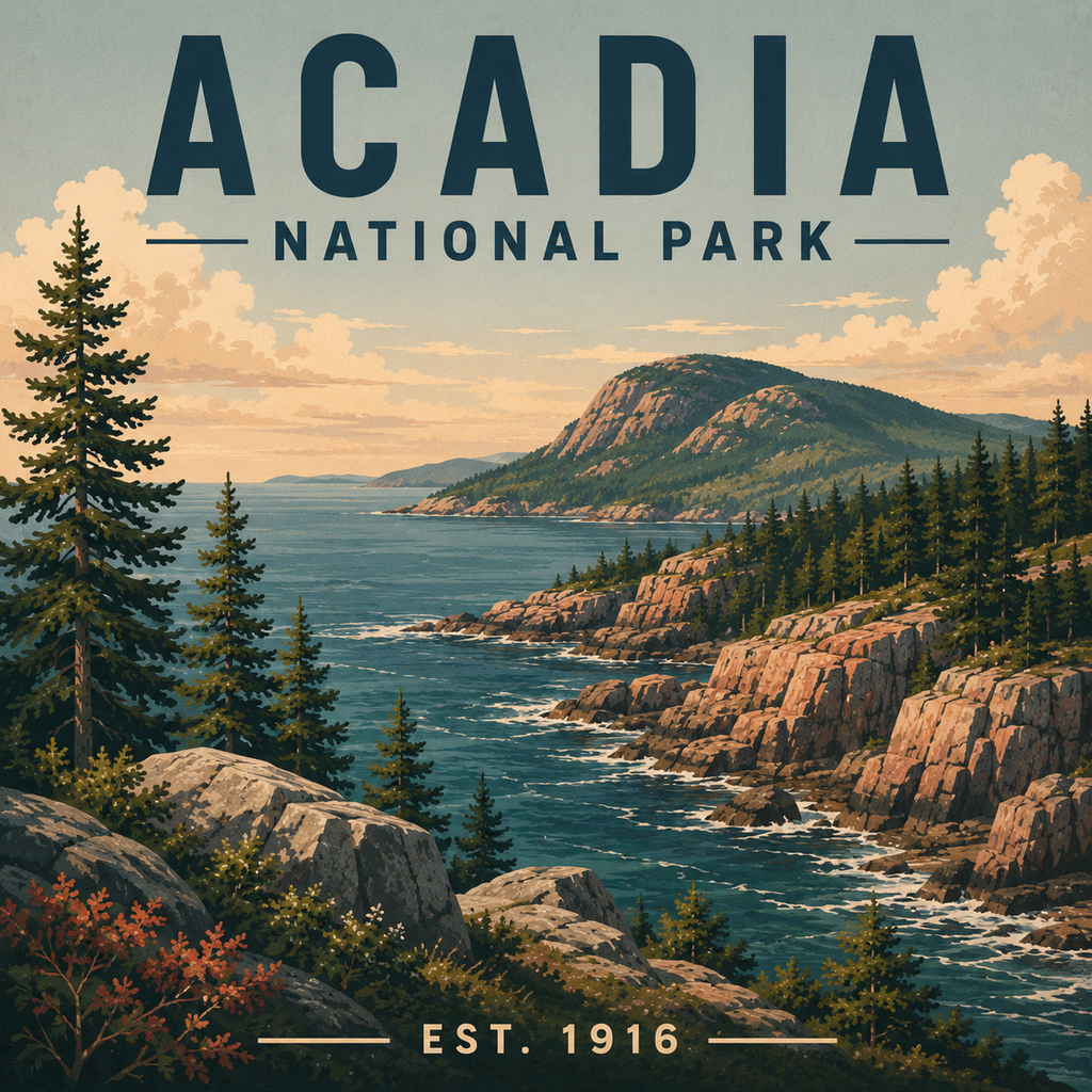 Acadia National Park magnet design with ocean, cliffs, and trees.