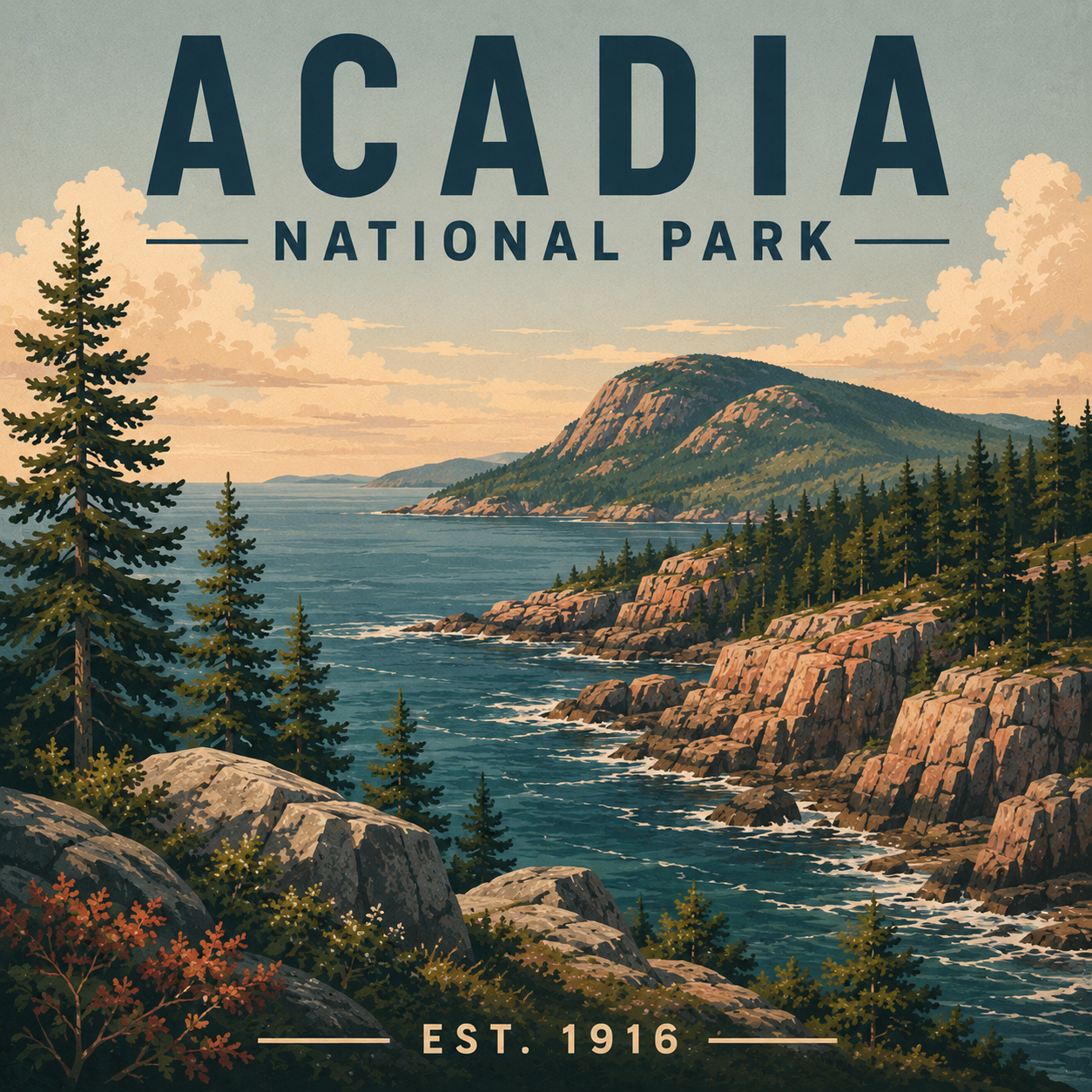 Acadia National Park magnet design with ocean, cliffs, and trees.