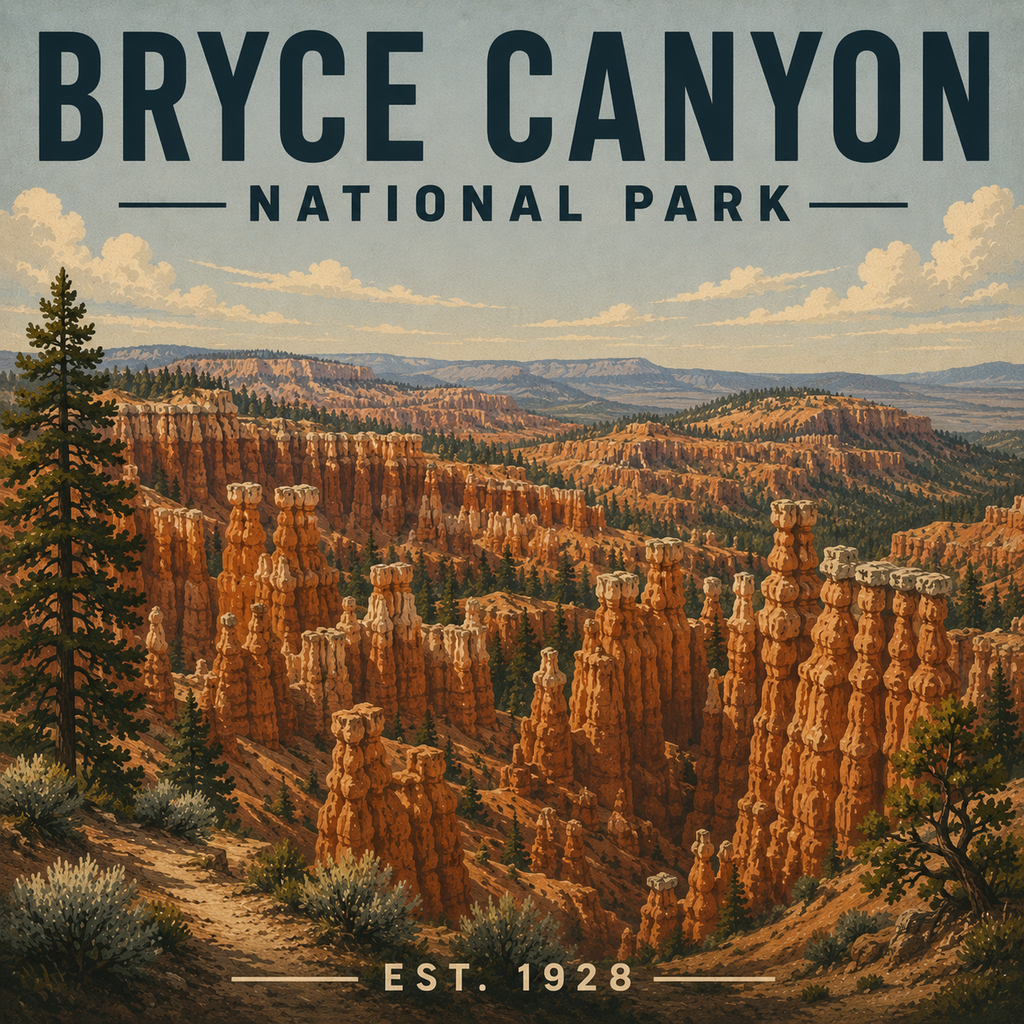 Bryce Canyon National Park magnet design with hoodoos and trees, featuring the park's name and establishment year.