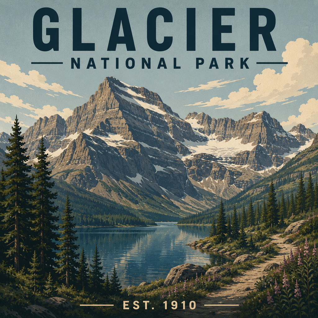 Vintage-style magnet design of Glacier National Park with mountains and lake.