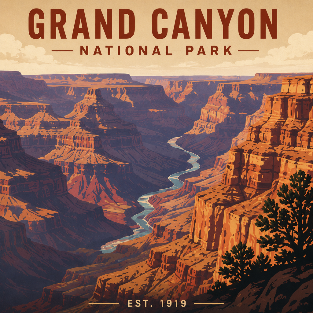 Grand Canyon National Park magnet design with a river and trees, featuring the text 'Grand Canyon National Park' and 'Est. 1919'.