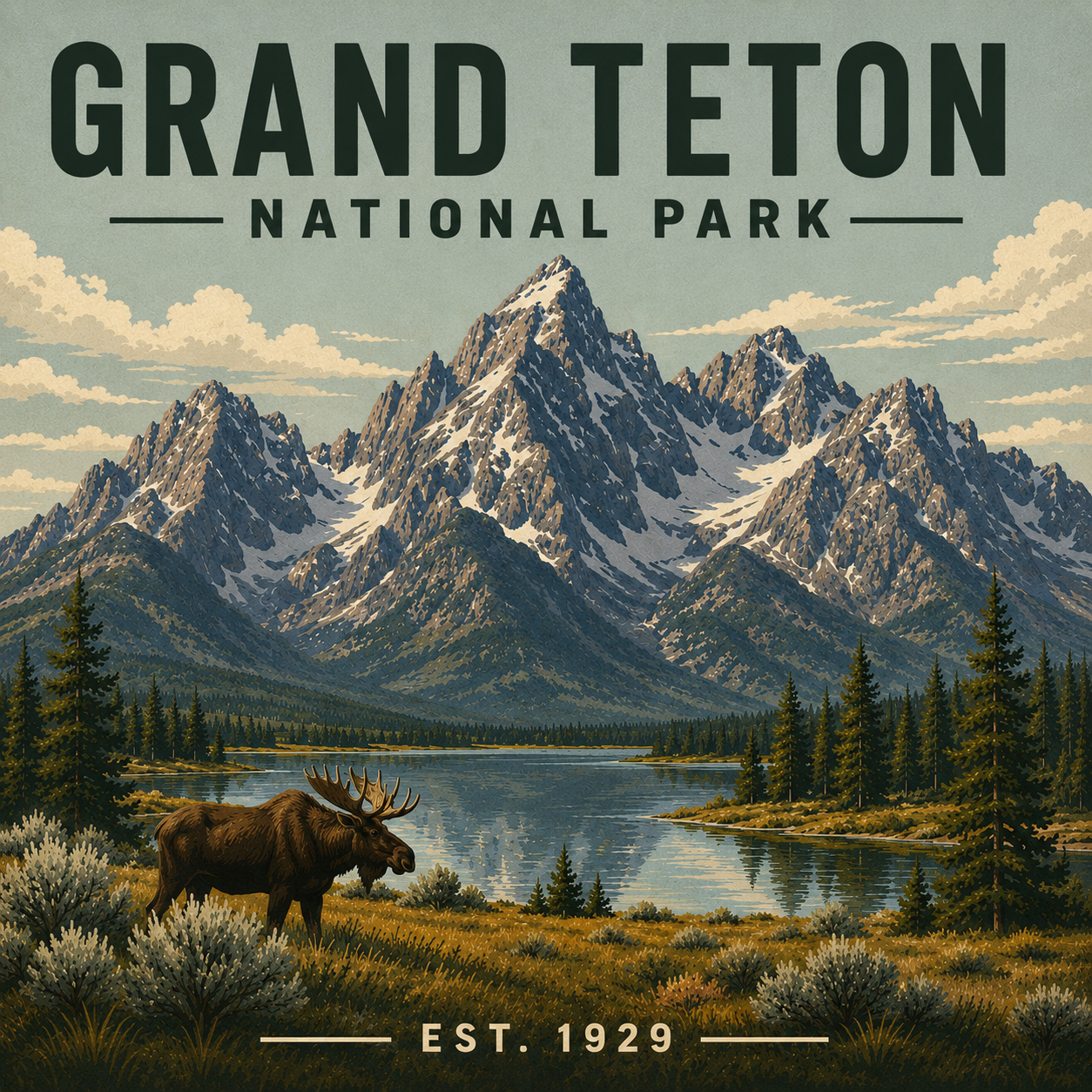 Vintage-style magnet design of Grand Teton National Park with a moose and mountain landscape.