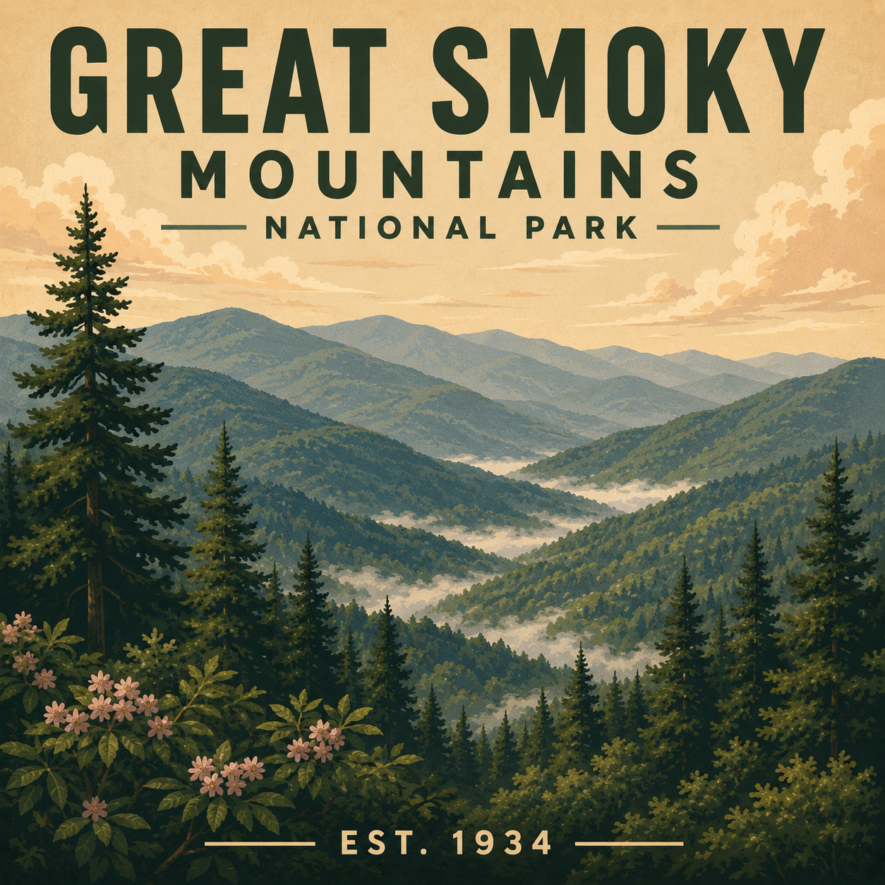 Vintage-style magnet design of the Great Smoky Mountains National Park with mountains and trees.