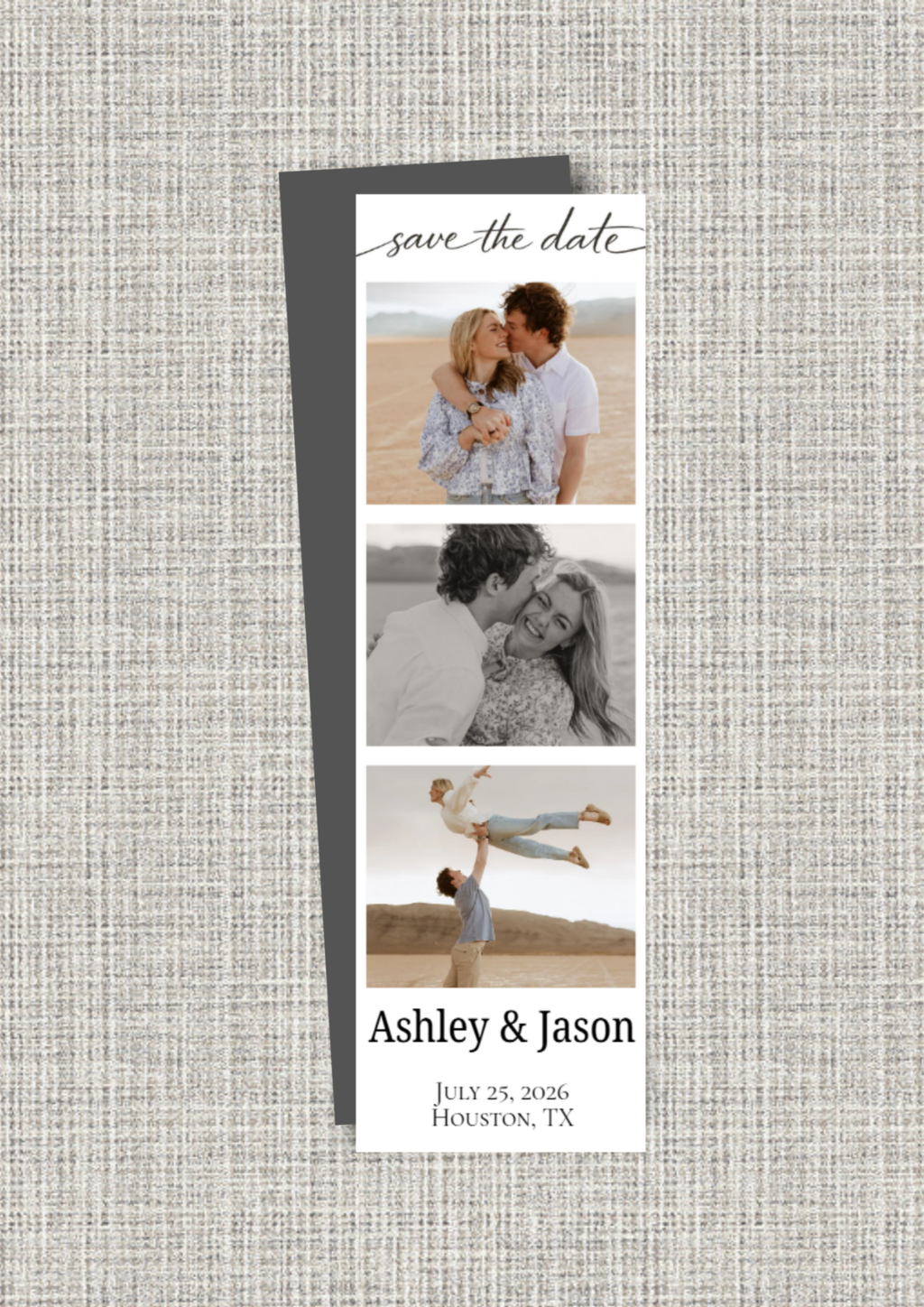 Save-the-date magnet with photos of a couple on a textured gray background