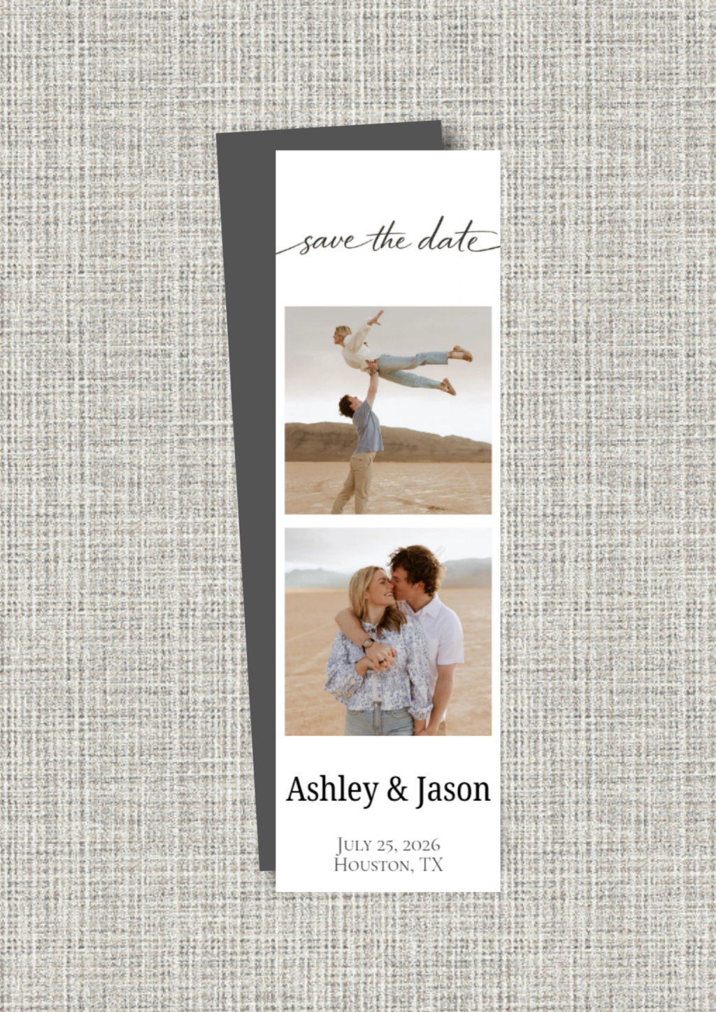 Save the date magnet with photos of a couple on a textured gray background