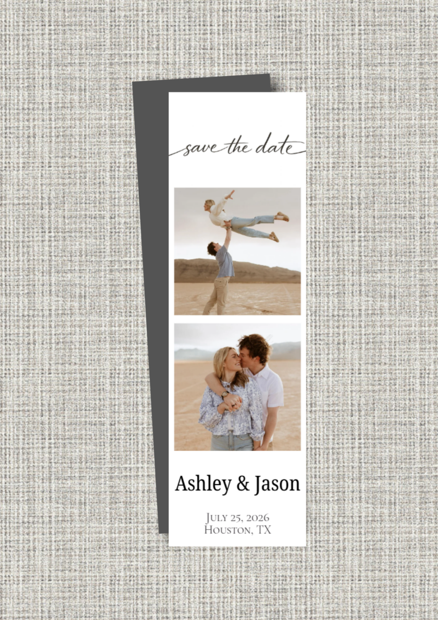 Save the date magnet with photos of a couple on a textured gray background
