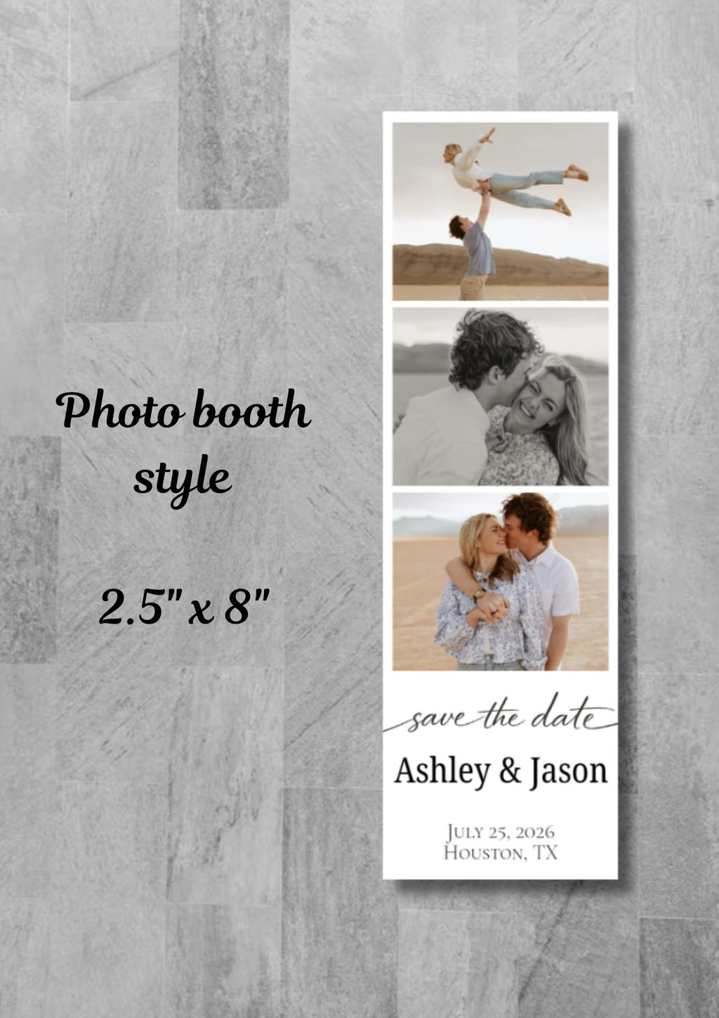 Save the date magnet with photo booth style design on a gray background