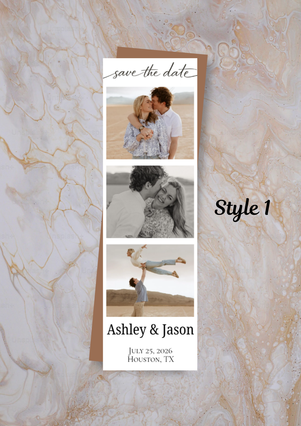 Save-the-date magnet with photos of a couple on a marble background