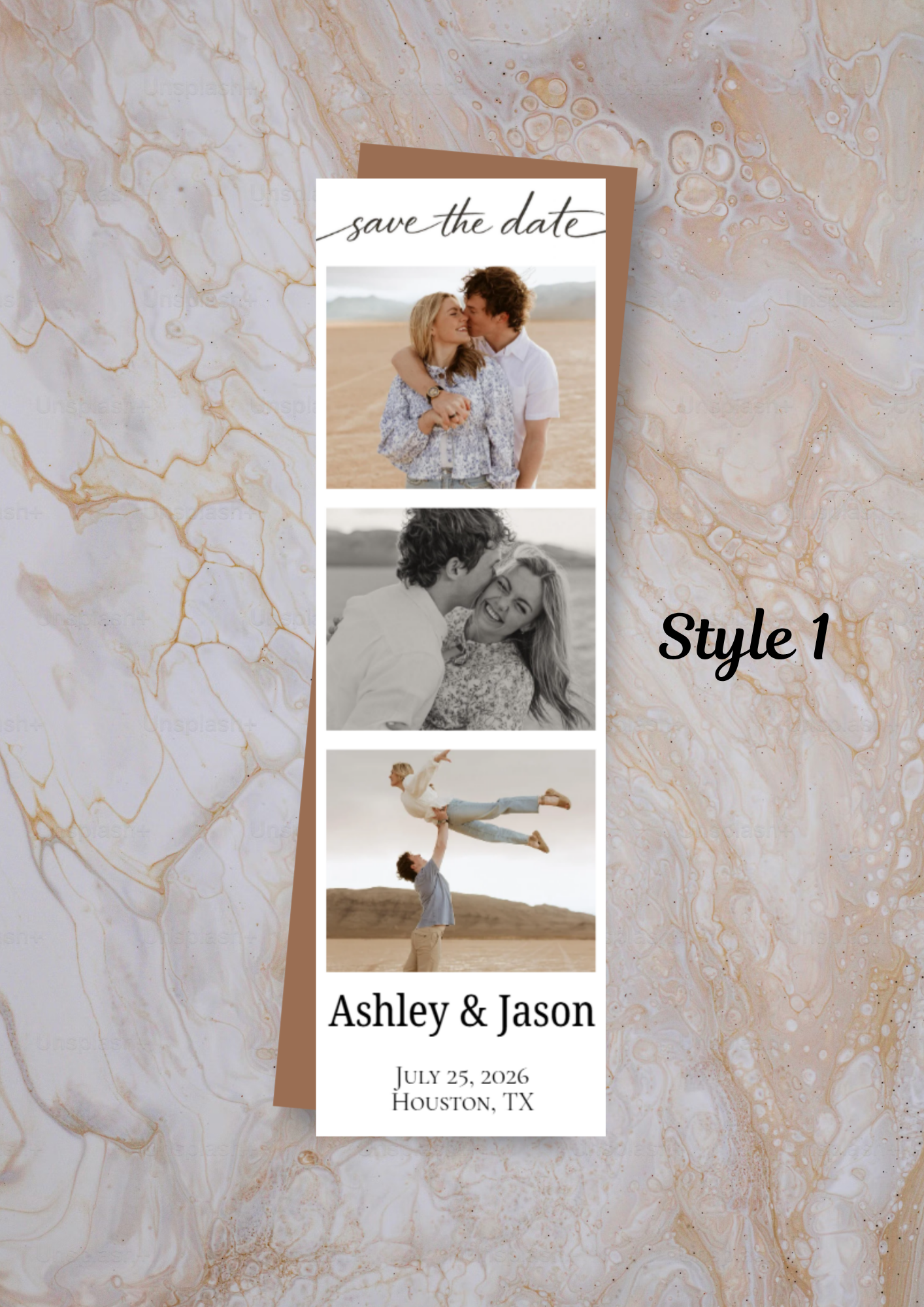 Save-the-date magnet with photos of a couple on a marble background