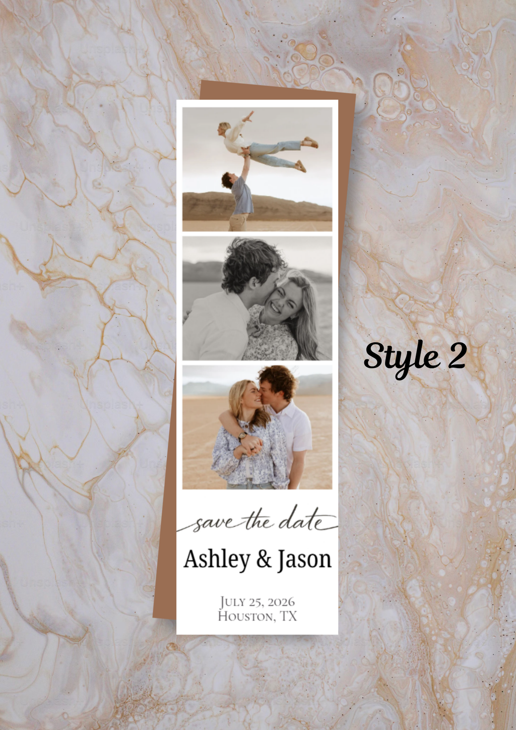 Save the date magnet with photos of a couple on a marble background