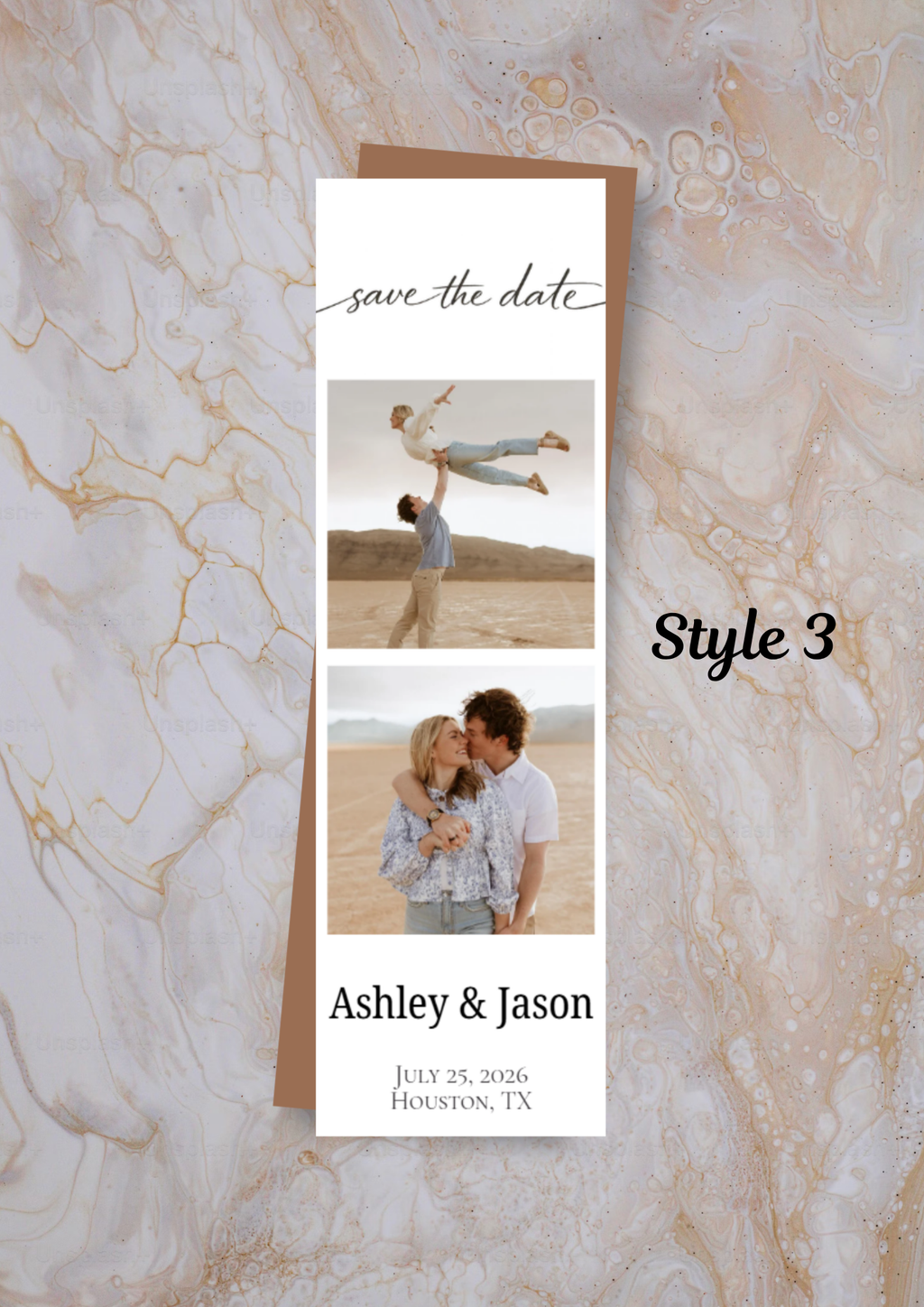 Save-the-date magnet with two photos of a couple on a marble background