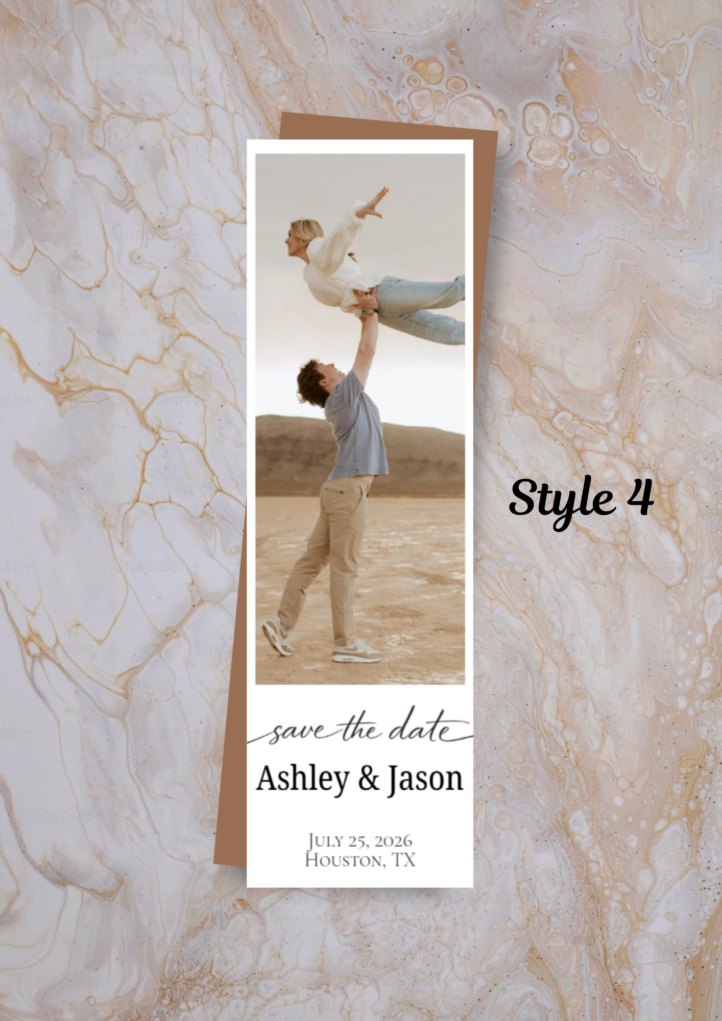 Save the date magnet with a photo of a couple on a marble background