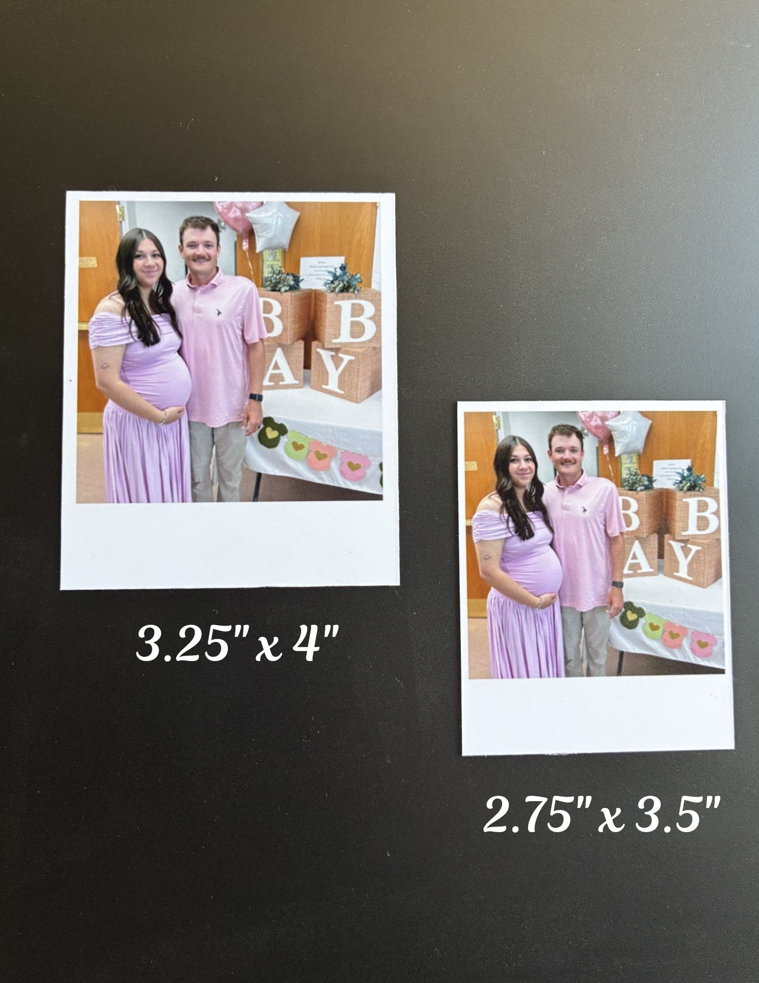 Two Polaroid-style photo prints of a couple with text 'Baby' on a dark background.