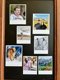 Collage of various photos on a black board with wooden frame
