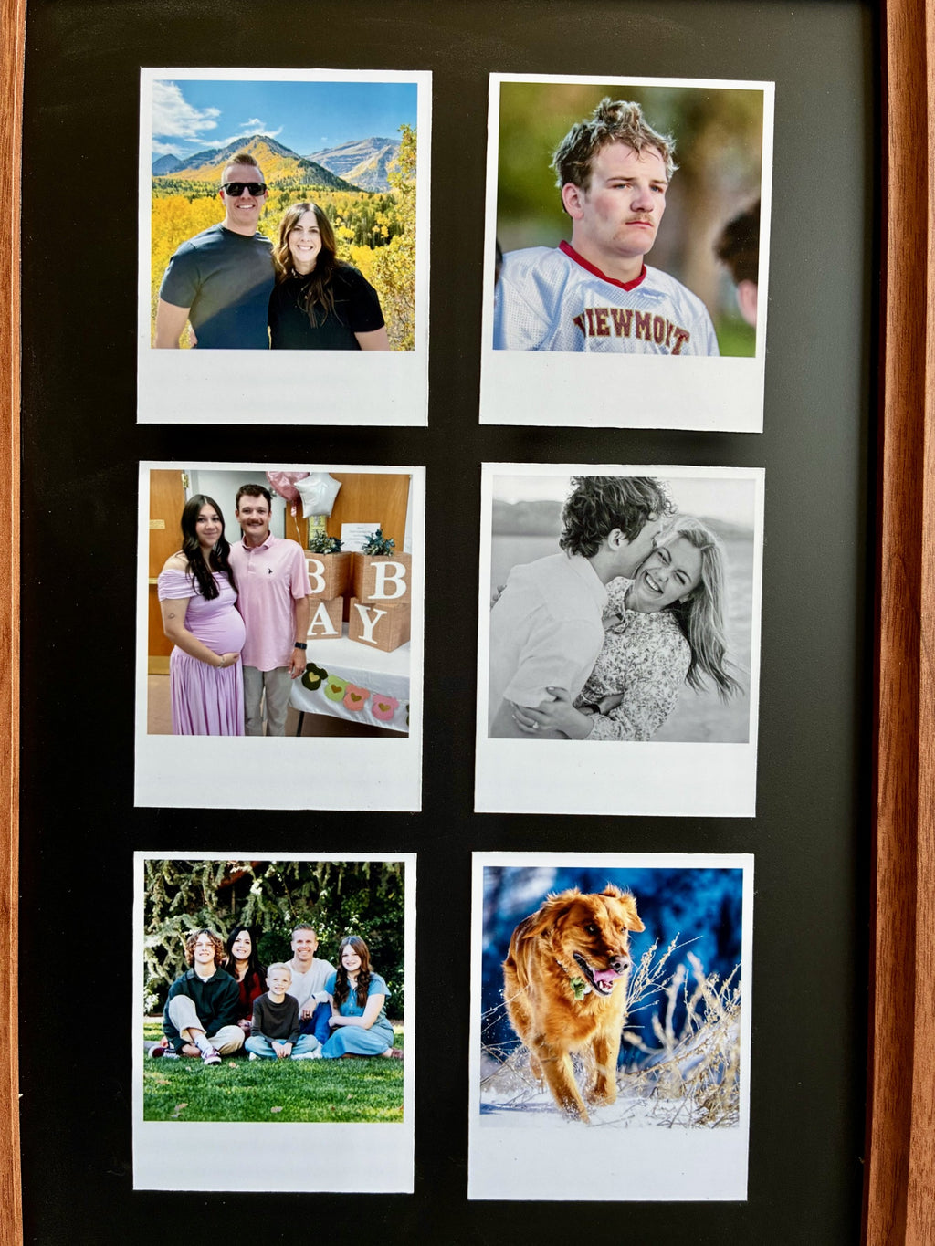 Collage of family photos in a wooden frame