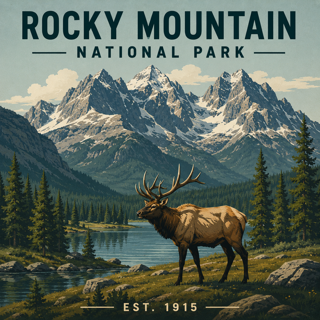 Rocky Mountain National Park magnet design featuring an elk standing in front of mountains.