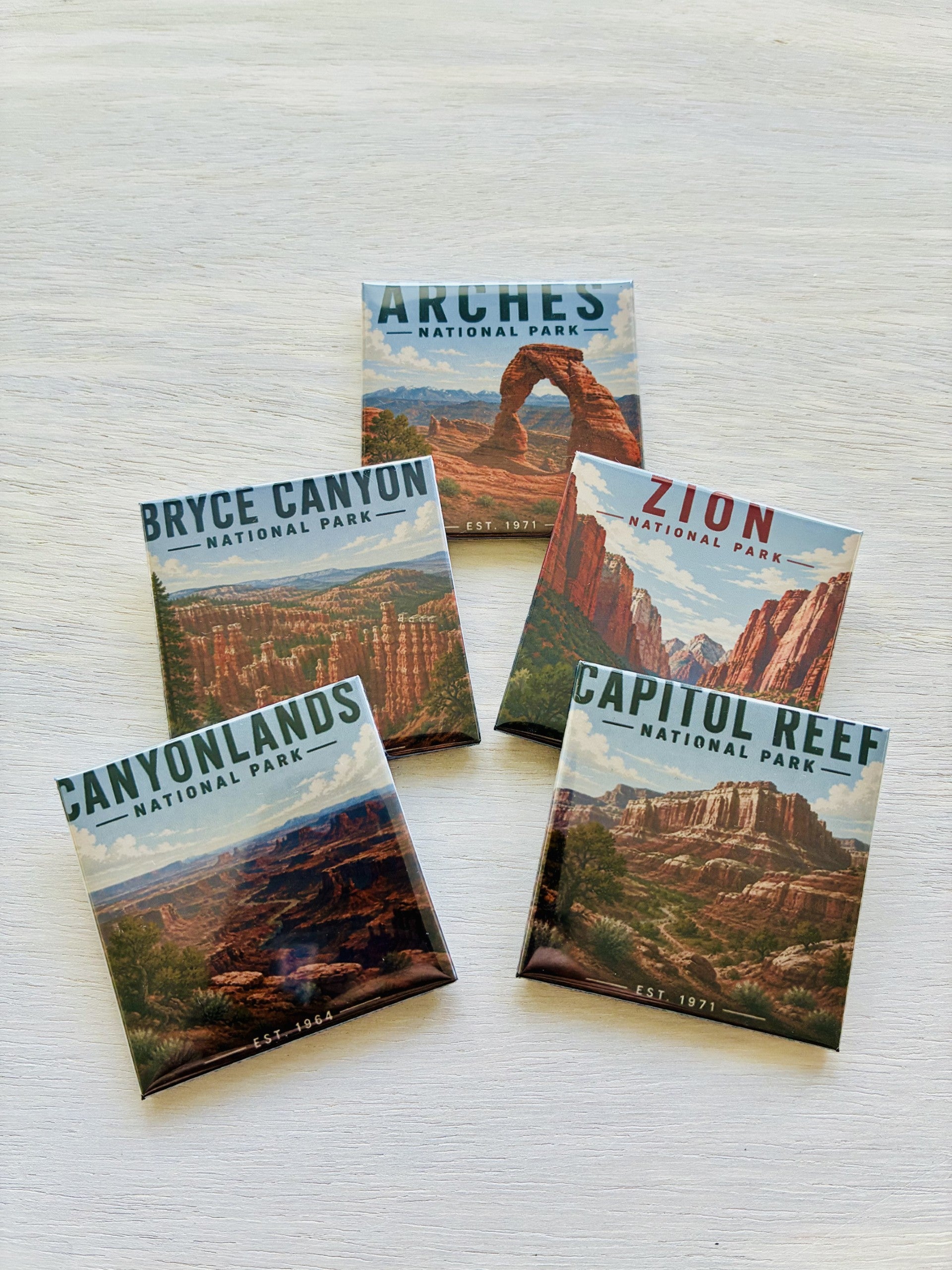 Five national park magnets on a light background