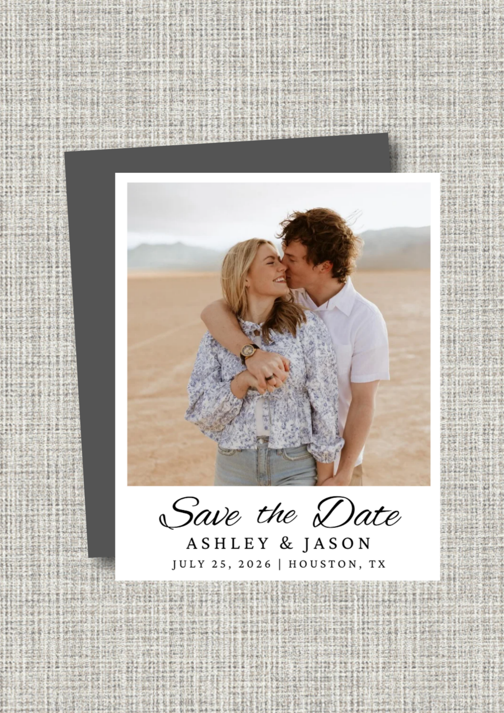 Wedding Save the Date magnet with a couple embracing on a beach.