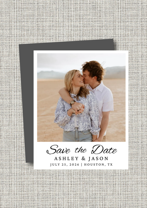 Wedding Save the Date magnet with a couple embracing on a beach.