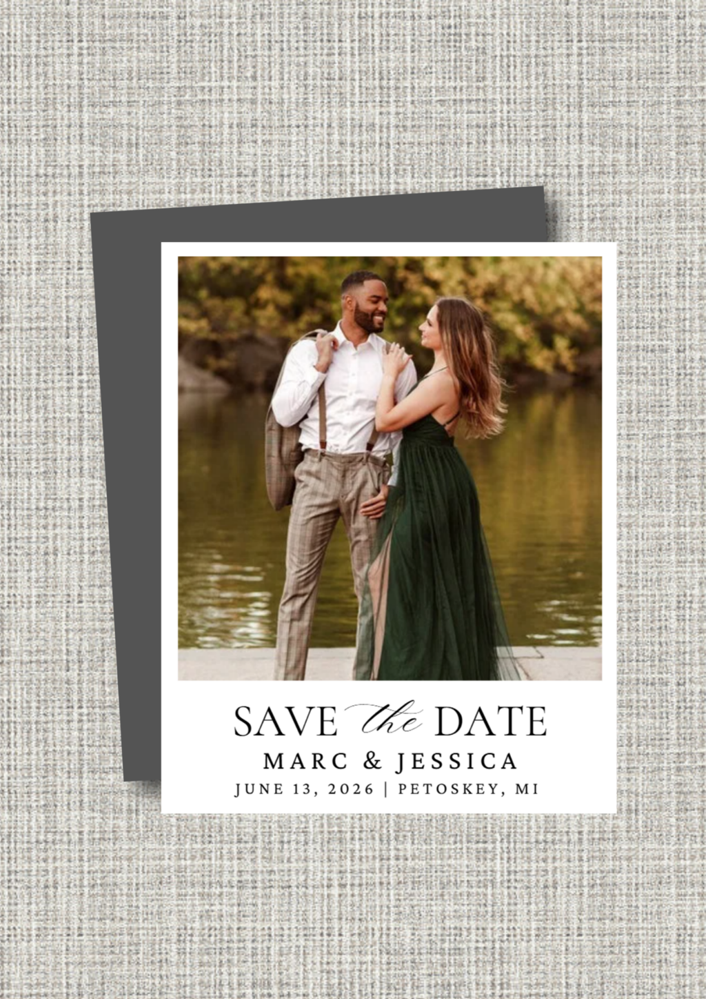 Wedding Save the Date magnet with a couple by a lake.