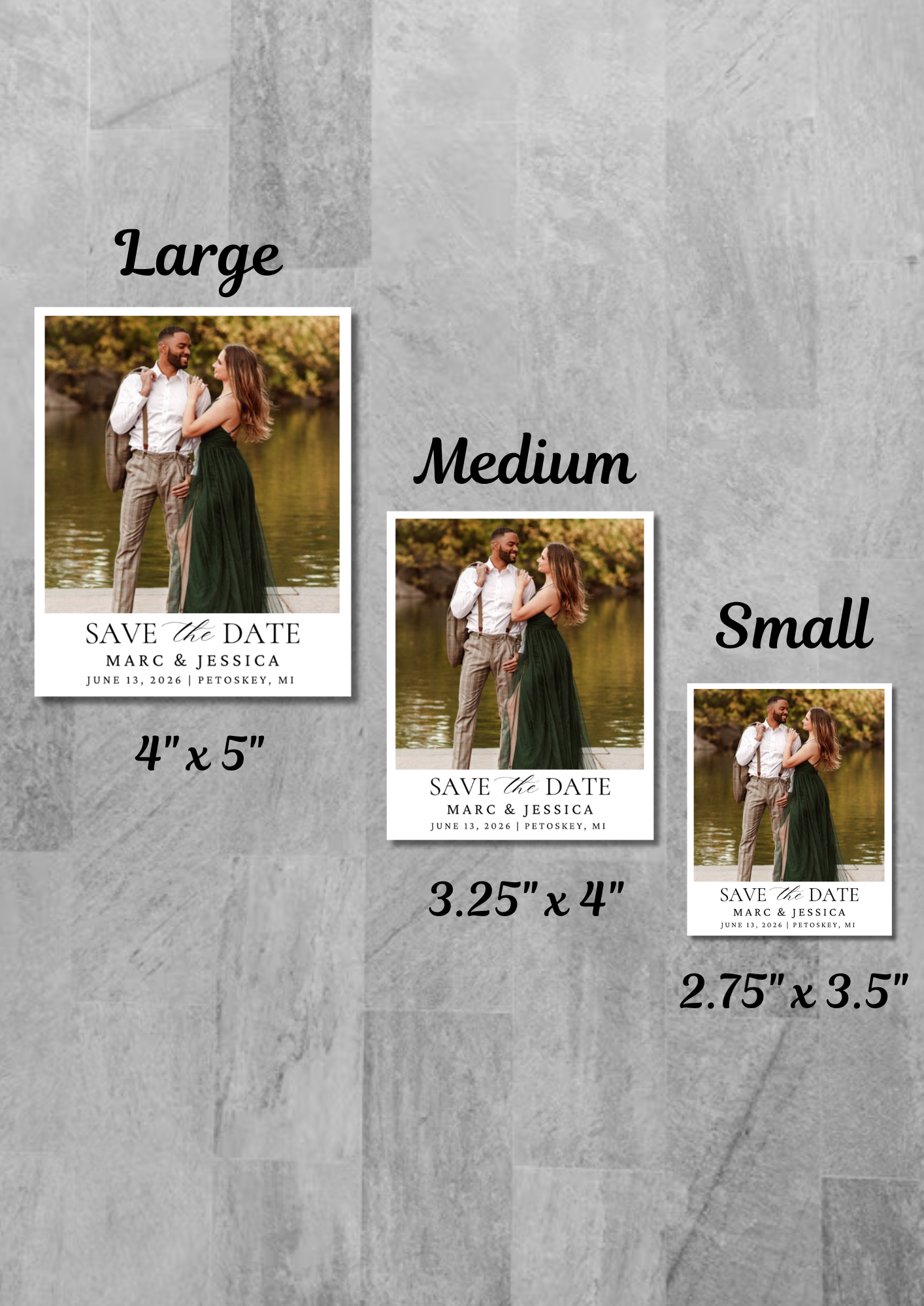 Three wedding 'Save the Date' magnet sizes displayed on a gray background.