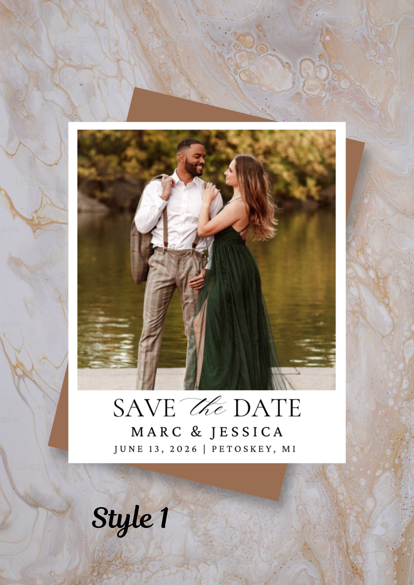 Wedding Save the Date magnet with a couple standing by a lake on a marble background.