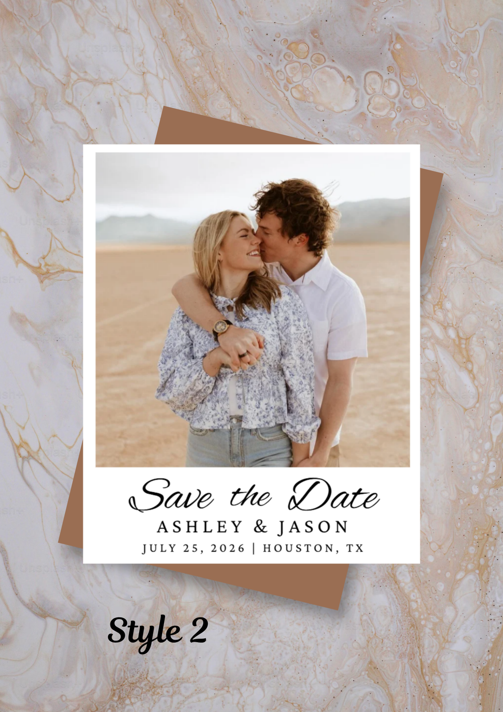 Wedding Save the Date magnet with a couple in the desert and marble background.