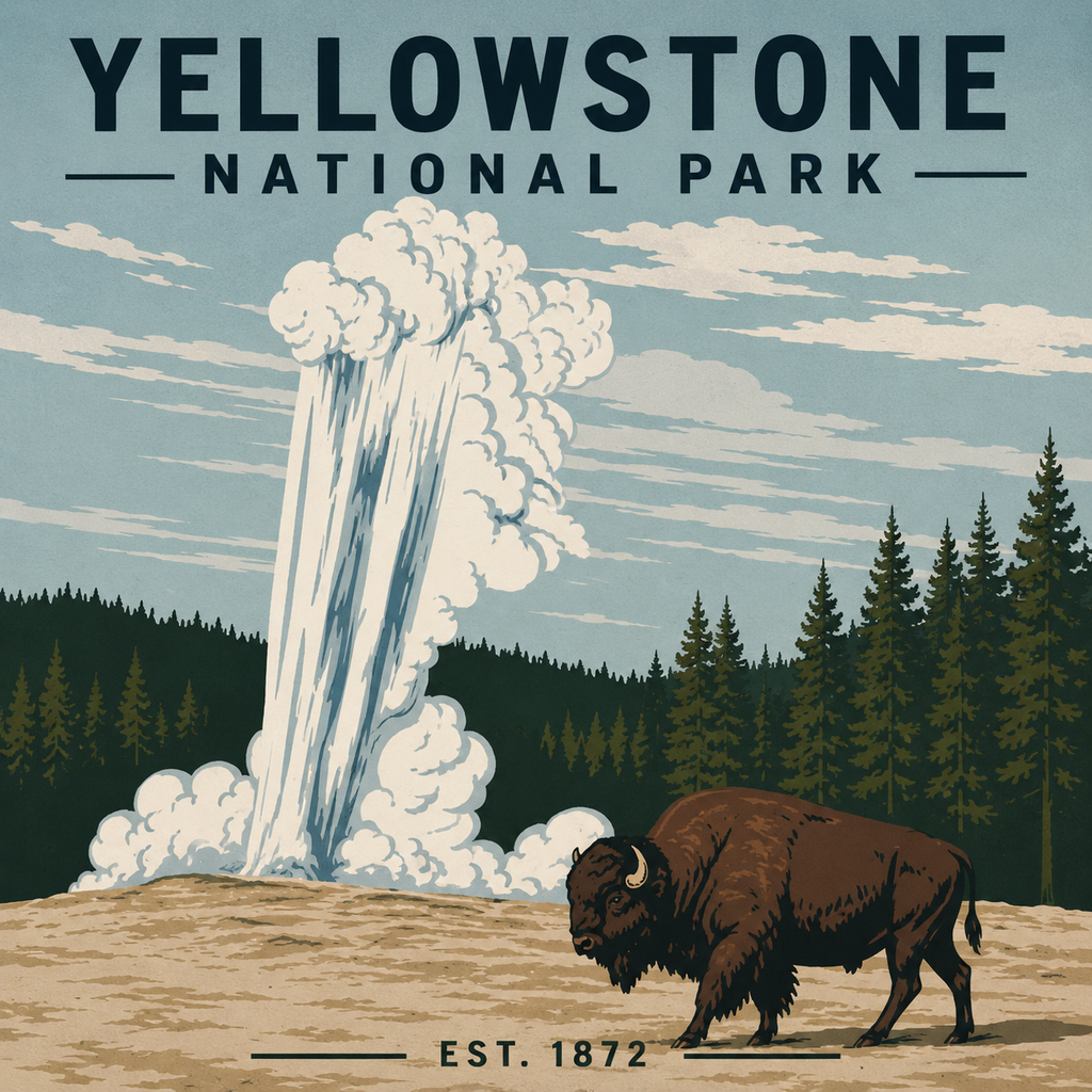 Vintage-style magnet design of Yellowstone National Park featuring a bison in front of a geyser
