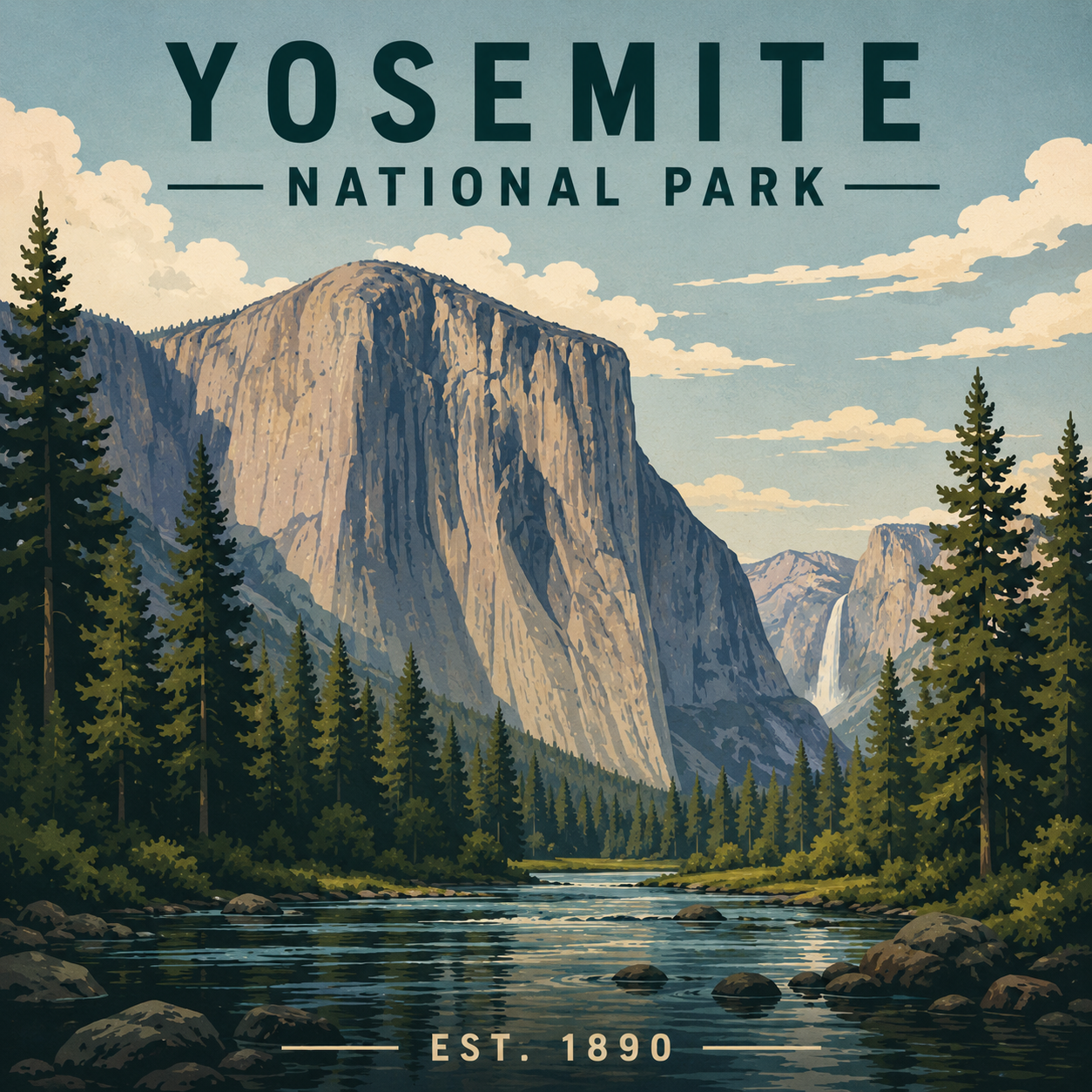 Yosemite National Park magnet design with mountains, trees, and a river.