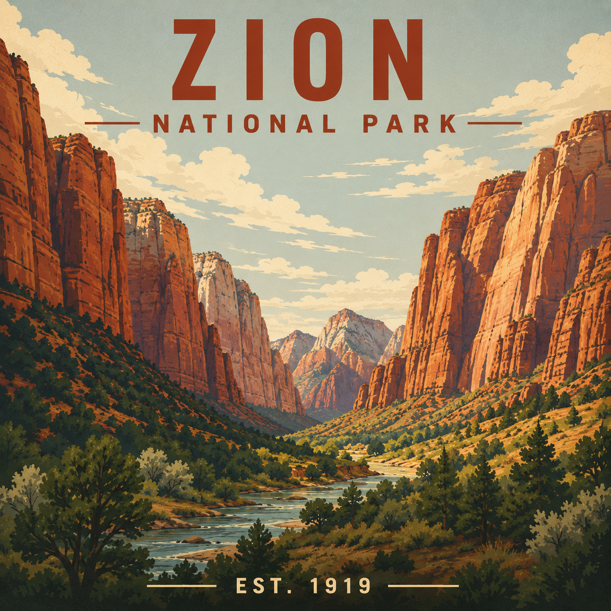 Vintage-style magnet design of Zion National Park with red rock cliffs and a river.